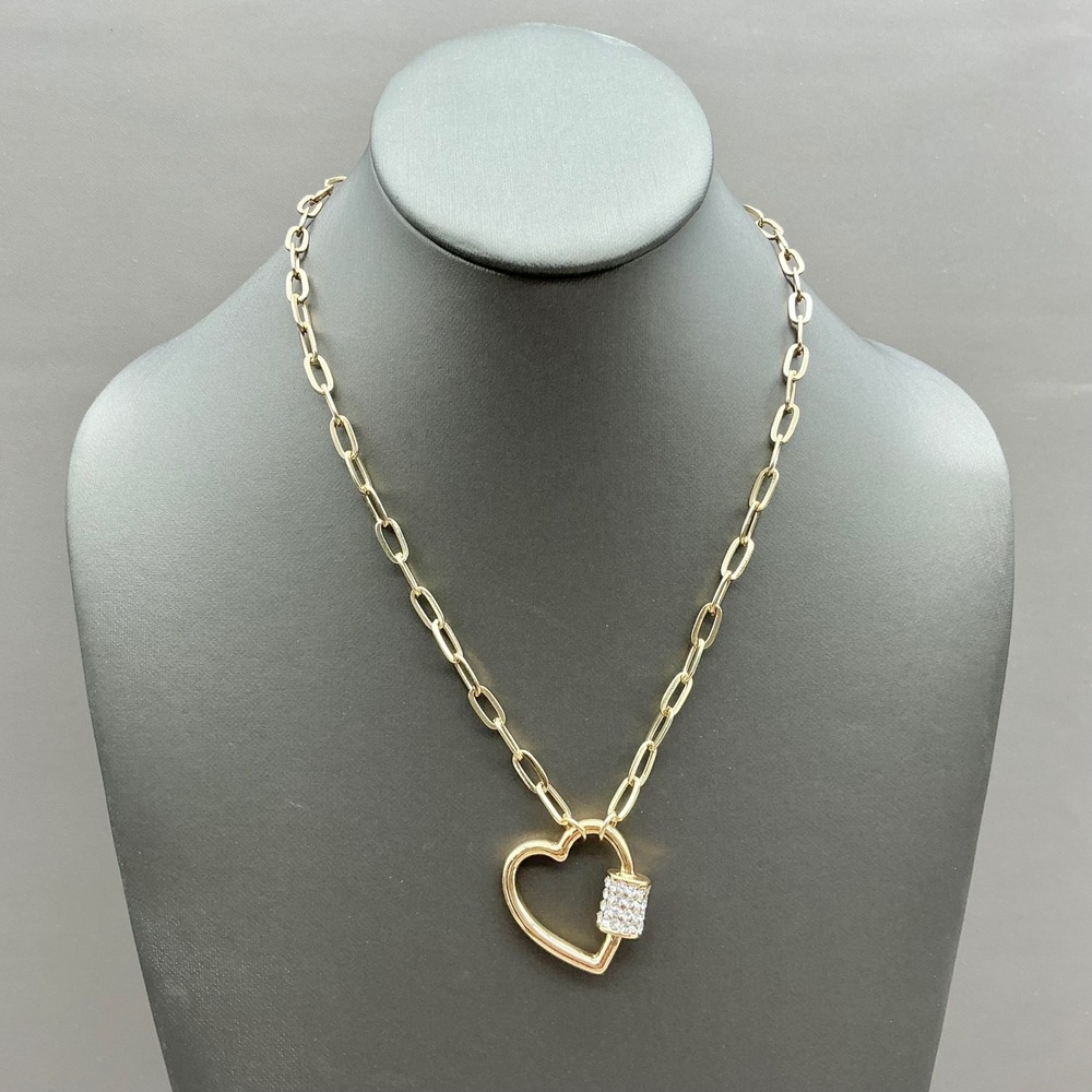 Heart Carabiner Pendant Necklace Women Gold Tone Pave Rhinestone Paperclip Link